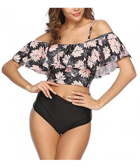 Racing Womens High Waisted Bikini Swimsuit Retro Ruffled Top Tummy Control Two Piece Tankini Bathing Suits A light Pink Flowe...