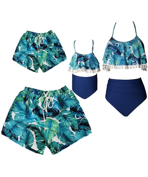 Racing Blue Leaves Family Matching Swimsuit 2 Piece Bikini Set with Small Balls Tassels Halter Design - Girls - CW195XAZR7T