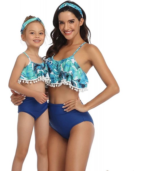 Racing Blue Leaves Family Matching Swimsuit 2 Piece Bikini Set with Small Balls Tassels Halter Design - Girls - CW195XAZR7T