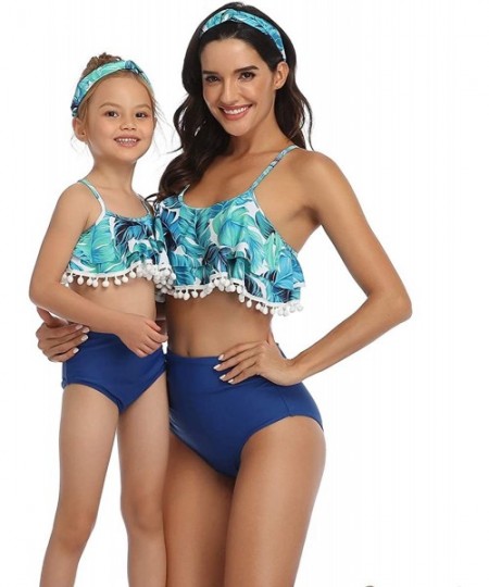 Racing Blue Leaves Family Matching Swimsuit 2 Piece Bikini Set with Small Balls Tassels Halter Design - Girls - CW195XAZR7T