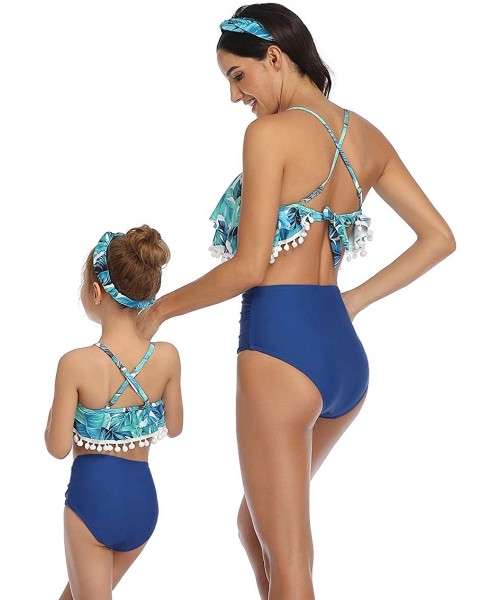 Racing Blue Leaves Family Matching Swimsuit 2 Piece Bikini Set with Small Balls Tassels Halter Design - Girls - CW195XAZR7T