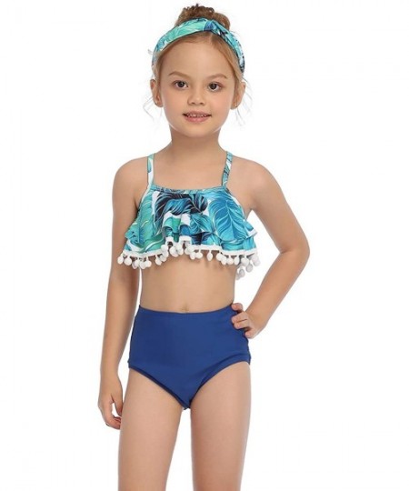 Racing Blue Leaves Family Matching Swimsuit 2 Piece Bikini Set with Small Balls Tassels Halter Design - Girls - CW195XAZR7T