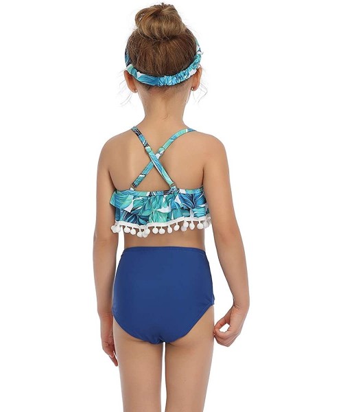 Racing Blue Leaves Family Matching Swimsuit 2 Piece Bikini Set with Small Balls Tassels Halter Design - Girls - CW195XAZR7T