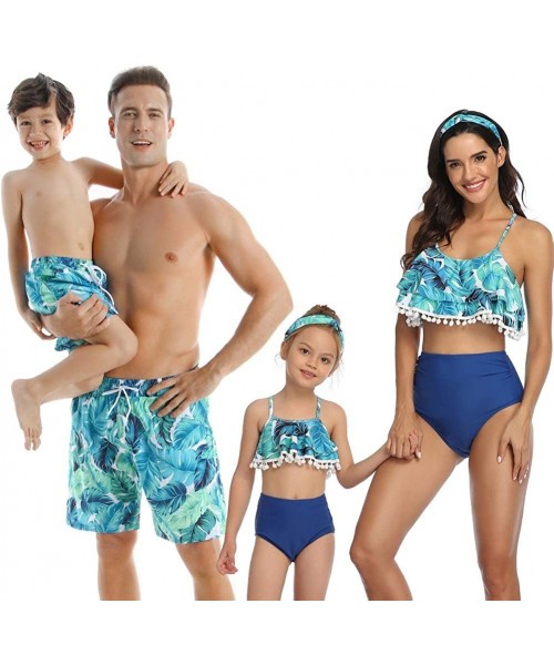 Racing Blue Leaves Family Matching Swimsuit 2 Piece Bikini Set with Small Balls Tassels Halter Design - Girls - CW195XAZR7T