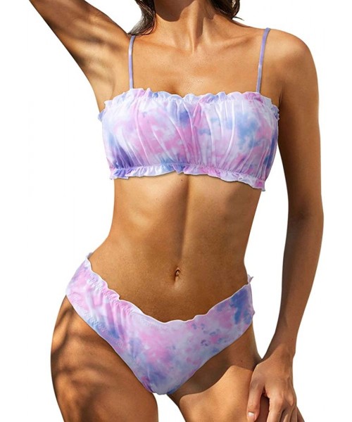 Sets Women Tie Dye Bandeau High Cut Cheeky 2 Piece Bikini Set Swimsuits - Tie Dye - CZ19CD28544