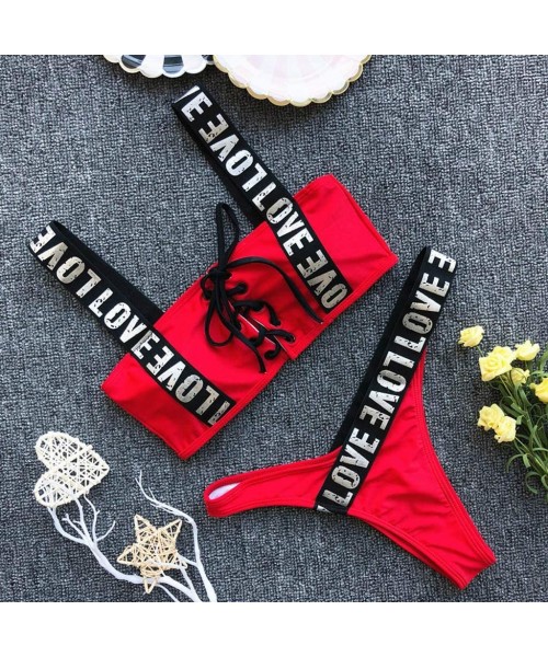 Sets Swimsuits for Womens- Women Bikini Set Swimwear Push-Up Padded Bandage Letter Bra Swimsuit Beachwear - Red - CQ18MH5UW3G