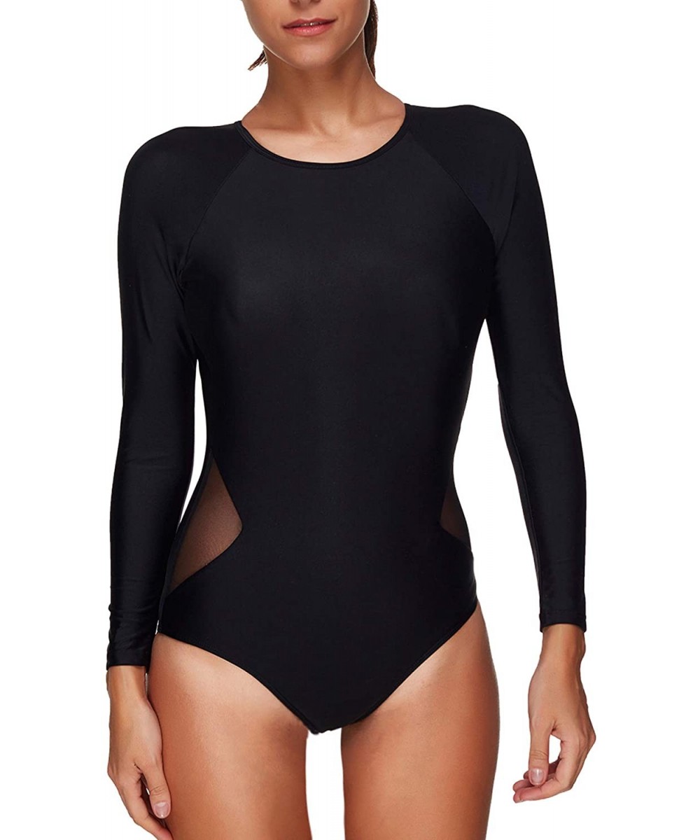 One-Pieces Classic Digital Printing Large Size Sexy Plain Long-Sleeved one-Piece Swimsuit - Ls1412 Black - CH18T947Q46