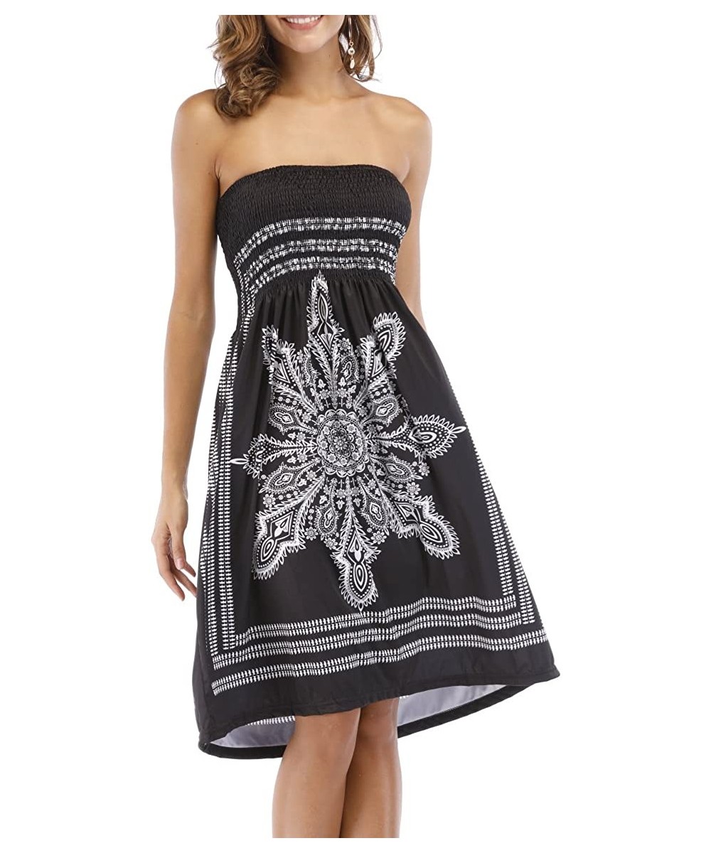 Cover-Ups Women's Strapless Floral Bohemian Casual Mini Beach Dress Cover-ups Dress - Black - C5182SLESYE