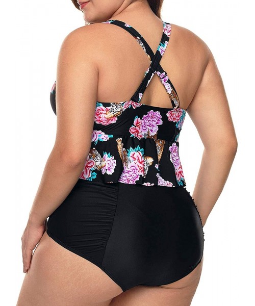 Sets Womens Plus Size Strap Peplum Tankini Two Piece Bathing Suit Swimwear - Peony - CK18M223YC5