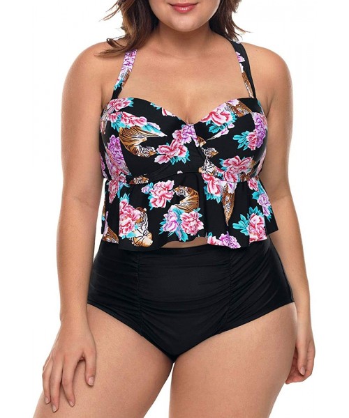 Sets Womens Plus Size Strap Peplum Tankini Two Piece Bathing Suit Swimwear - Peony - CK18M223YC5