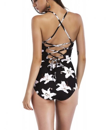 One-Pieces Women's High Neck One Piece Swimsuit Sexy Bandage Cross Back Monokini - Black&white Floral - C618EUKAGKM