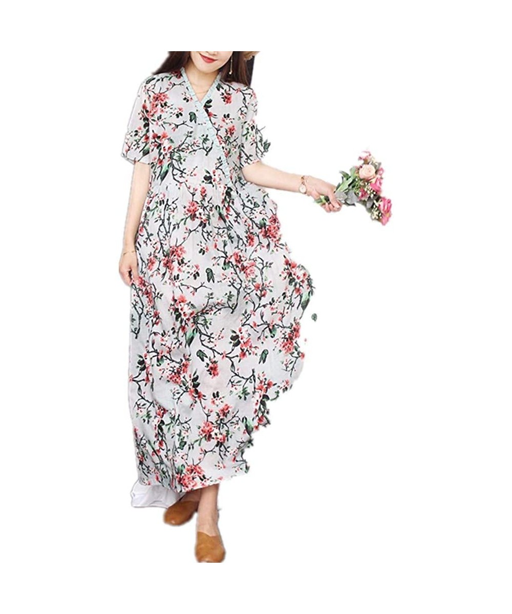 Cover-Ups Summer Printed Dress Floral Cotton Linen Dress Female Fungus Lace V-Neck French Swing Skirt - Eight - CU19D3XC0I6