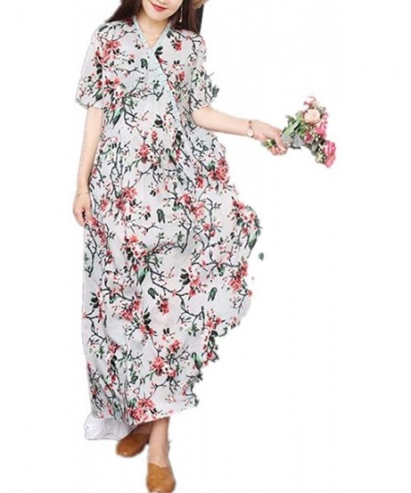 Cover-Ups Summer Printed Dress Floral Cotton Linen Dress Female Fungus Lace V-Neck French Swing Skirt - Eight - CU19D3XC0I6