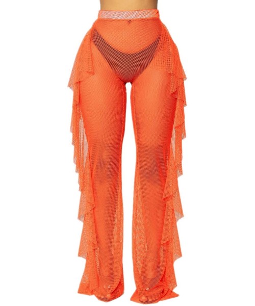 Tankinis Women's Perspective Sheer Mesh Ruffle Pants Swimsuit Bikini Bottom Cover up Pants - Orange - CG18R7D5TWR