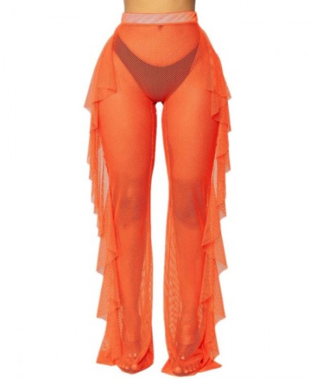 Tankinis Women's Perspective Sheer Mesh Ruffle Pants Swimsuit Bikini Bottom Cover up Pants - Orange - CG18R7D5TWR