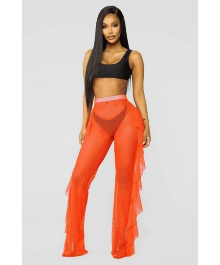 Tankinis Women's Perspective Sheer Mesh Ruffle Pants Swimsuit Bikini Bottom Cover up Pants - Orange - CG18R7D5TWR