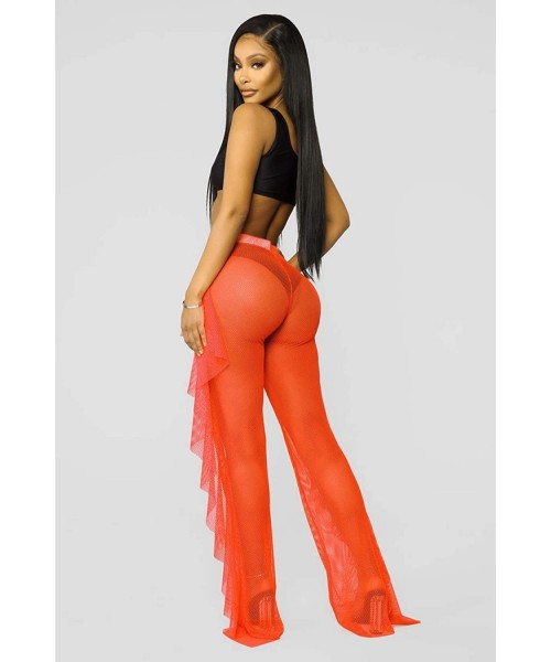 Tankinis Women's Perspective Sheer Mesh Ruffle Pants Swimsuit Bikini Bottom Cover up Pants - Orange - CG18R7D5TWR