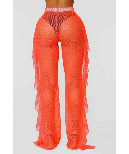 Tankinis Women's Perspective Sheer Mesh Ruffle Pants Swimsuit Bikini Bottom Cover up Pants - Orange - CG18R7D5TWR