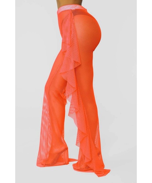 Tankinis Women's Perspective Sheer Mesh Ruffle Pants Swimsuit Bikini Bottom Cover up Pants - Orange - CG18R7D5TWR