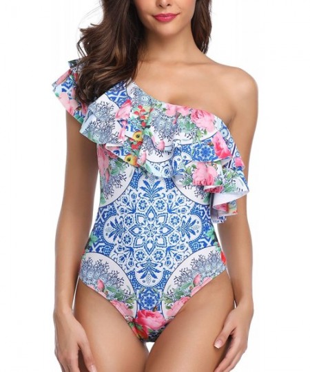 One-Pieces Women's One Shoulder Swimwear One Piece Ruffle Swimsuits High Waisted Monokini Bathing Suits - Blue - CP18Q0QH8G5