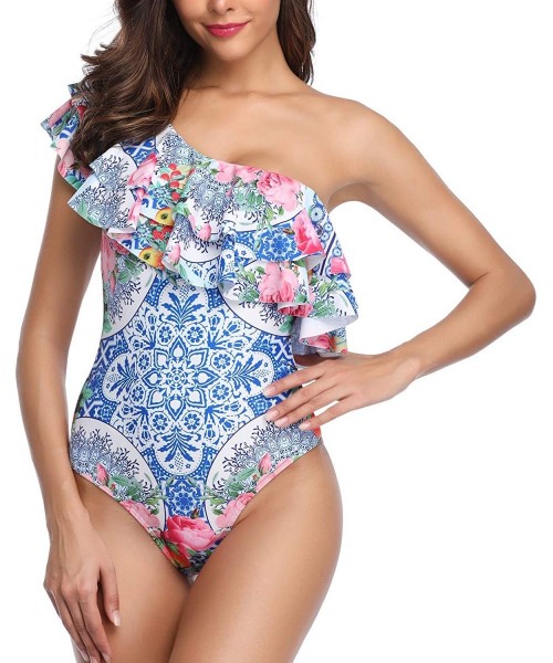 One-Pieces Women's One Shoulder Swimwear One Piece Ruffle Swimsuits High Waisted Monokini Bathing Suits - Blue - CP18Q0QH8G5