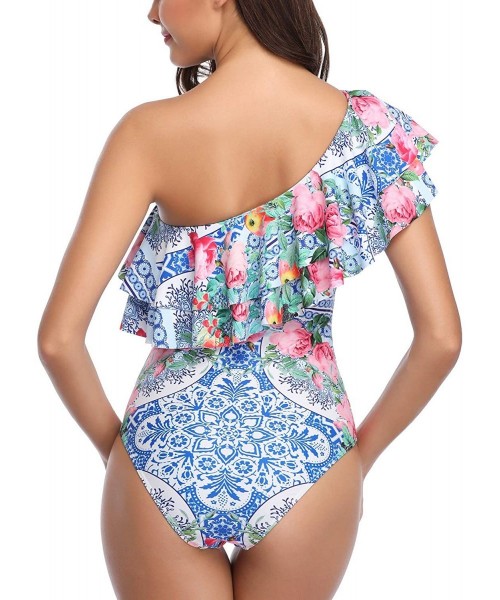 One-Pieces Women's One Shoulder Swimwear One Piece Ruffle Swimsuits High Waisted Monokini Bathing Suits - Blue - CP18Q0QH8G5