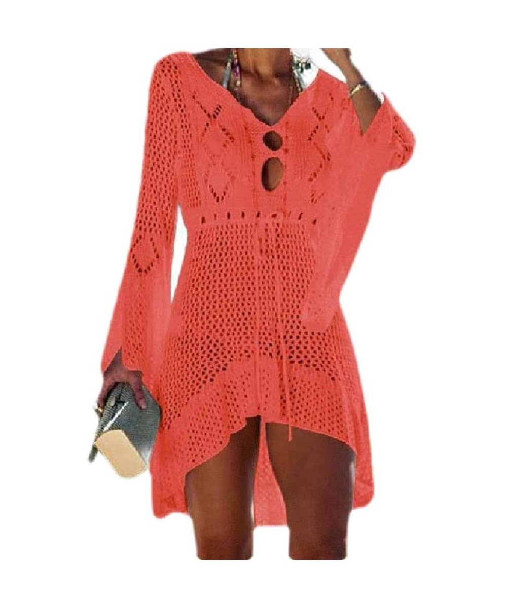 Cover-Ups Womens Knitting Hollow UPF50+ Loose Solid Flare Sleeve Beach Cover Up Dress - Orange - CV199EWEQKY