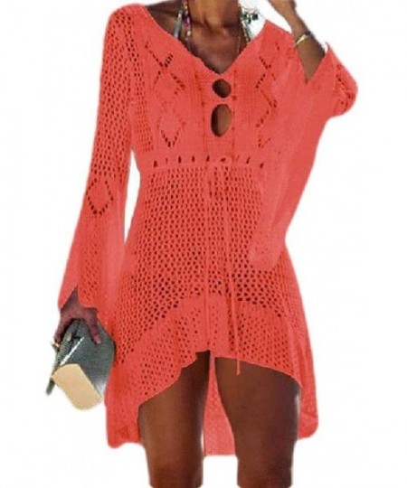 Cover-Ups Womens Knitting Hollow UPF50+ Loose Solid Flare Sleeve Beach Cover Up Dress - Orange - CV199EWEQKY