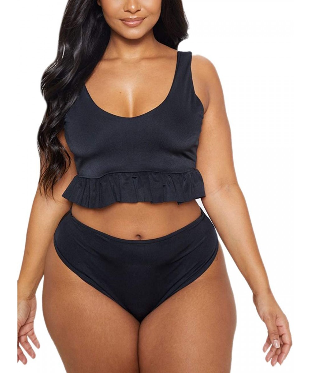 Sets Women's Plus Size Two Piece Swimsuits with Frill Hem Bikini Tops High Waist Boyshort Bottom - Black - CJ194UL55CU