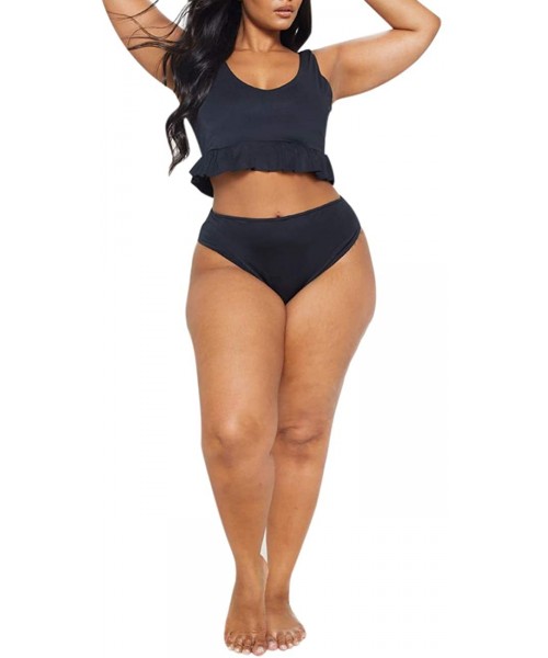 Sets Women's Plus Size Two Piece Swimsuits with Frill Hem Bikini Tops High Waist Boyshort Bottom - Black - CJ194UL55CU