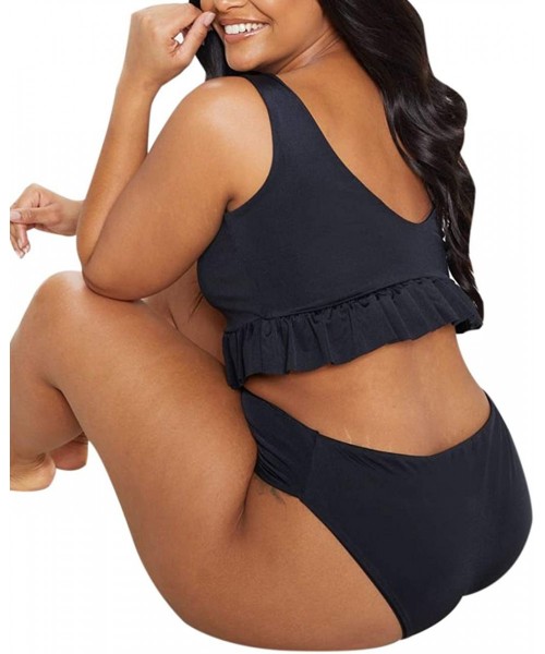 Sets Women's Plus Size Two Piece Swimsuits with Frill Hem Bikini Tops High Waist Boyshort Bottom - Black - CJ194UL55CU