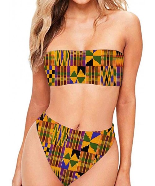 Sets Hawaii Women's 2 Pieces High Cut Bandeau Bikini Strapless High Waist Swimsuits - African 7 - CG18RC3WG39