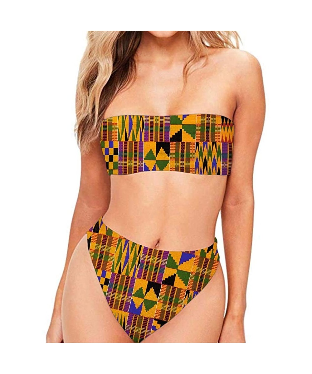 Sets Hawaii Women's 2 Pieces High Cut Bandeau Bikini Strapless High Waist Swimsuits - African 7 - CG18RC3WG39