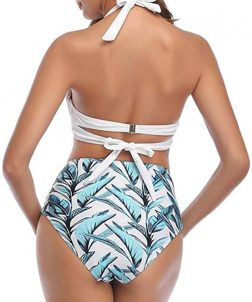 Sets 2020 Women Vintage Swimsuit Two Piece Retro Halter Ruched High Waist Print Bikini Set - White - CK194ULXWGE