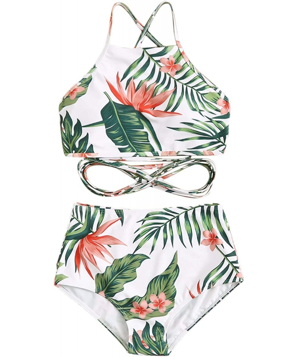 Sets Women 2 Pieces High Waist Tropical Print Crisscross Stretchy Beach Bikini Swimsuit - C9199N4QZQL