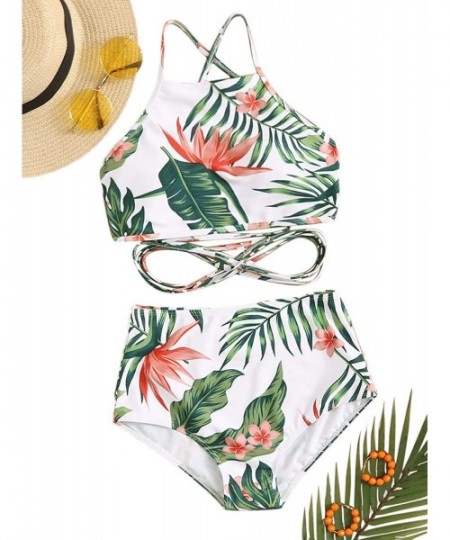 Sets Women 2 Pieces High Waist Tropical Print Crisscross Stretchy Beach Bikini Swimsuit - C9199N4QZQL