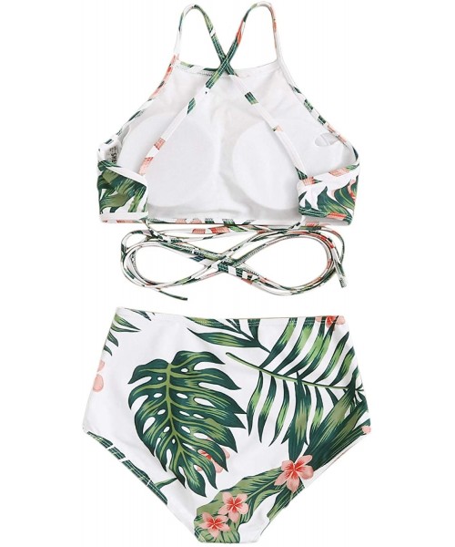 Sets Women 2 Pieces High Waist Tropical Print Crisscross Stretchy Beach Bikini Swimsuit - C9199N4QZQL