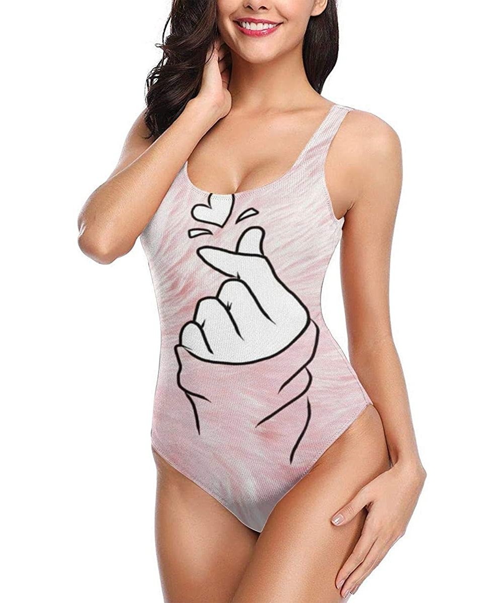 One-Pieces Women's One-Piece Swimsuit Korean Finger Heart Sign Pink Monokini Bathing Suit Swimwear - CW190SN84R3