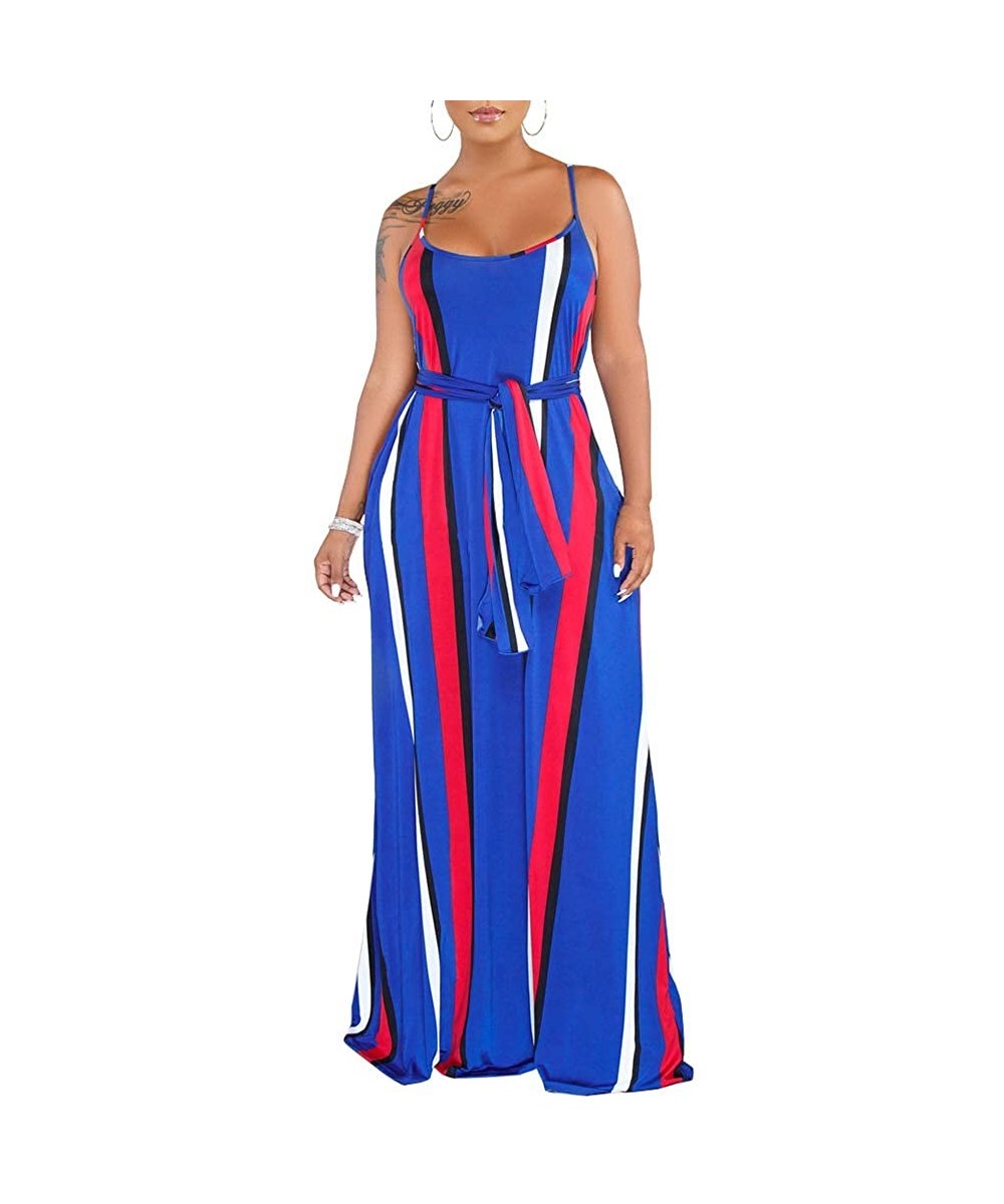 Cover-Ups Women's Tie Dye Sundress Baggy Fit Striped Sexy Spaghetti Straps Casual Boho Maxi Dress with Pockets - E-blue - CM1...