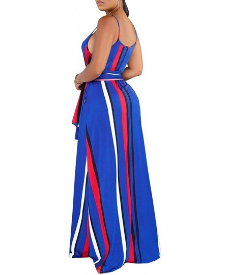 Cover-Ups Women's Tie Dye Sundress Baggy Fit Striped Sexy Spaghetti Straps Casual Boho Maxi Dress with Pockets - E-blue - CM1...