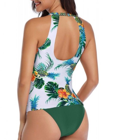 Tankinis High Neck Tankini Swimsuits for Women Halter Bathing Suits Two Piece Floral Print Swimwear - Green - C818XNNL9UL