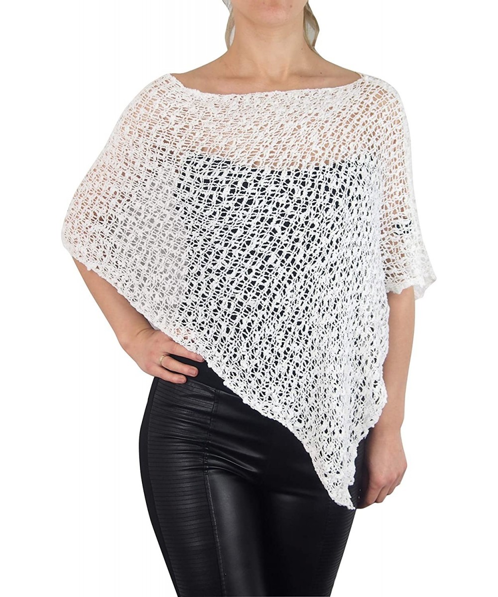 Cover-Ups Ladies Popcorn Crochet Stretch Lace Fish Net Batwing Small Poncho - White - CJ18R3Y4T7K