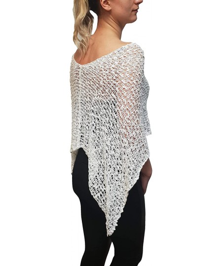 Cover-Ups Ladies Popcorn Crochet Stretch Lace Fish Net Batwing Small Poncho - White - CJ18R3Y4T7K