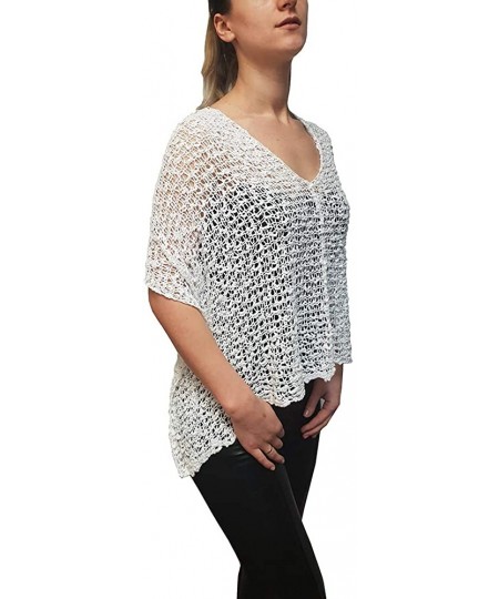 Cover-Ups Ladies Popcorn Crochet Stretch Lace Fish Net Batwing Small Poncho - White - CJ18R3Y4T7K