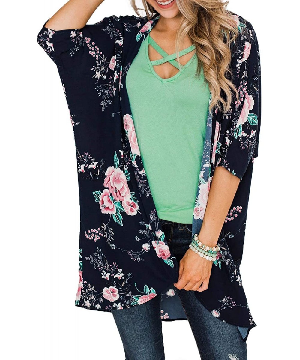 Cover-Ups Women Kimono Cardigan Floral Loose Open Front Chiffon Cover Up Tops - Dark Blue - C512MAAMZPK