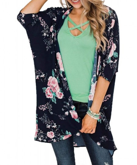 Cover-Ups Women Kimono Cardigan Floral Loose Open Front Chiffon Cover Up Tops - Dark Blue - C512MAAMZPK