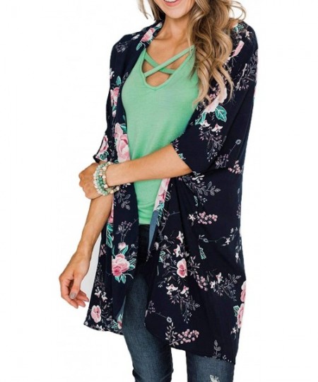 Cover-Ups Women Kimono Cardigan Floral Loose Open Front Chiffon Cover Up Tops - Dark Blue - C512MAAMZPK