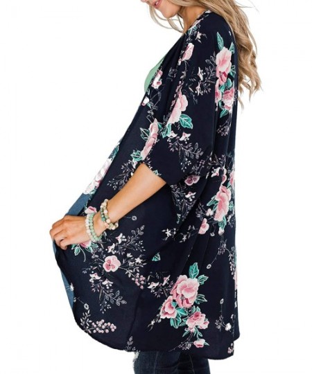 Cover-Ups Women Kimono Cardigan Floral Loose Open Front Chiffon Cover Up Tops - Dark Blue - C512MAAMZPK