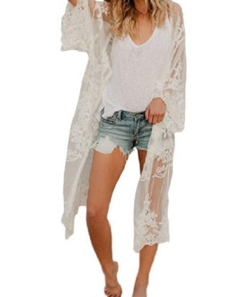 Cover-Ups Women UPF50+ Mid-Length Thin Bell Sleeve Lace Trim Swimwear Cover Up Dress - White - CL199EXAT5K