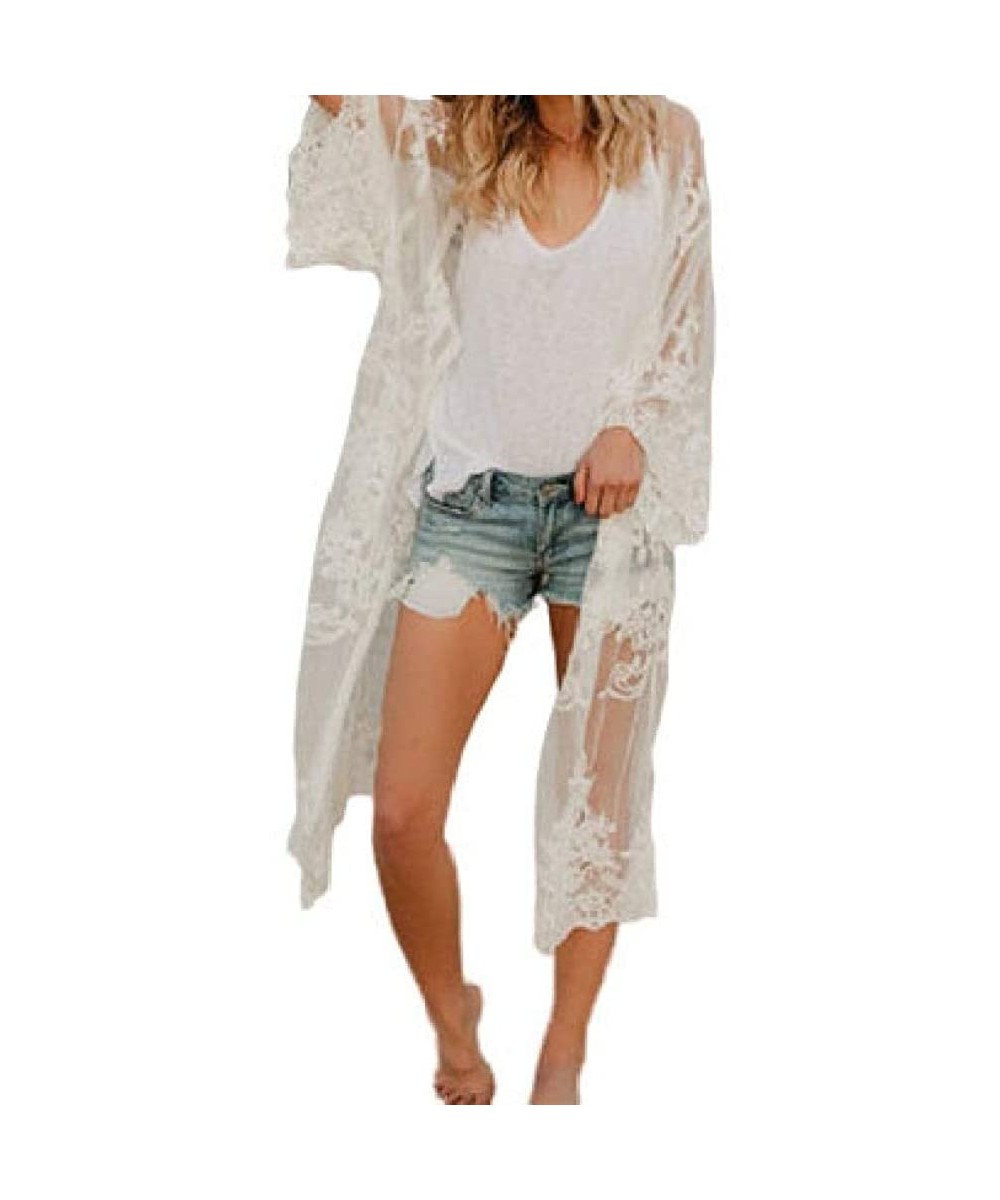 Cover-Ups Women UPF50+ Mid-Length Thin Bell Sleeve Lace Trim Swimwear Cover Up Dress - White - CL199EXAT5K